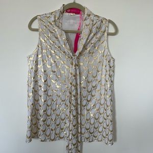 Macbeth collection sleeveless gold/white button down tie top